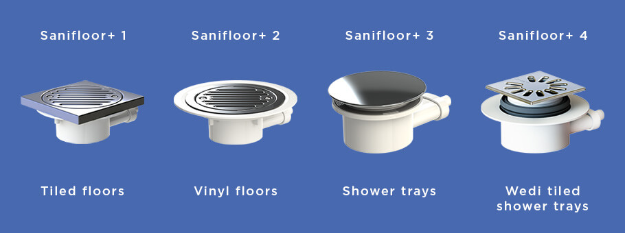 The four drain options available on the Sanifloor plus